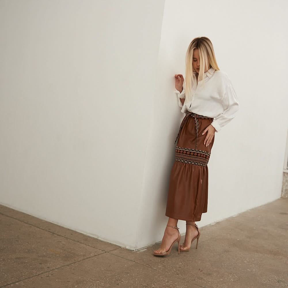 Leather skirt with tapestry inserts