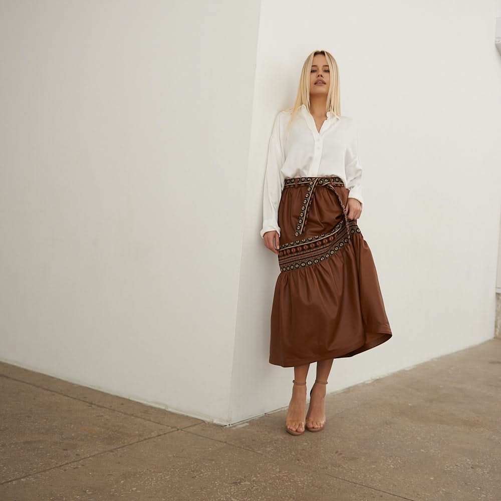 Leather skirt with tapestry inserts