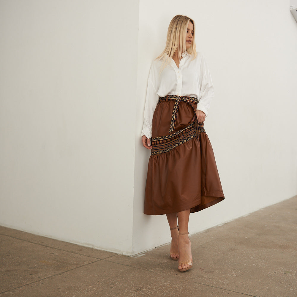 Leather skirt with tapestry inserts