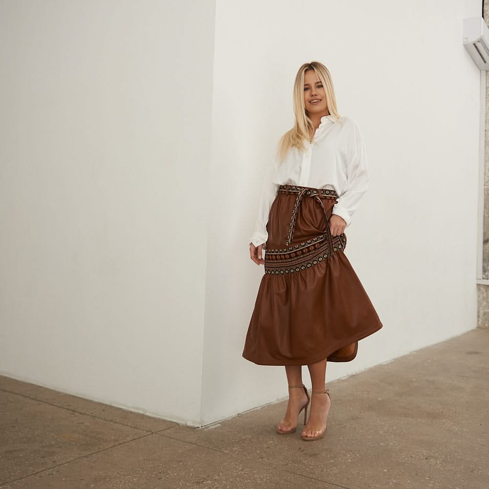 Leather skirt with tapestry inserts