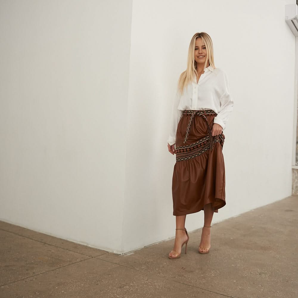 Leather skirt with tapestry inserts