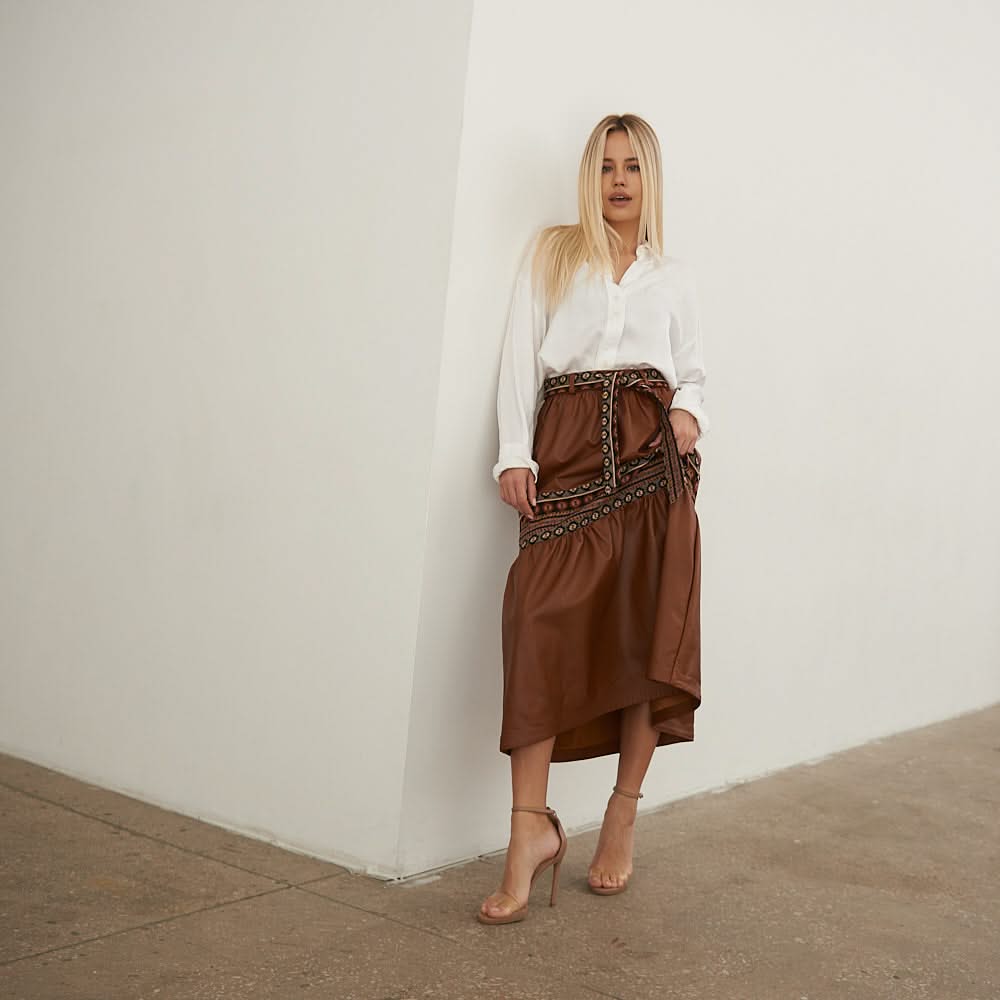 Leather skirt with tapestry inserts