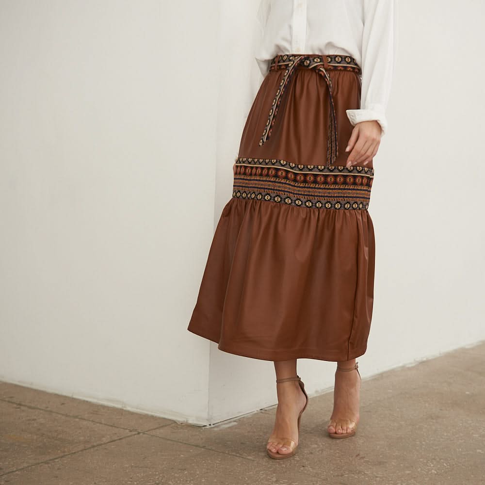 Leather skirt with tapestry inserts