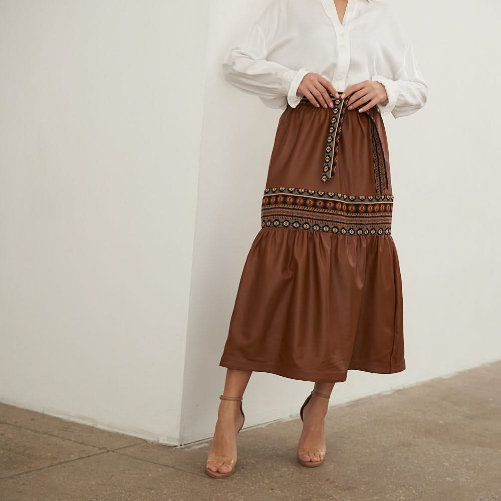 Leather skirt with tapestry inserts