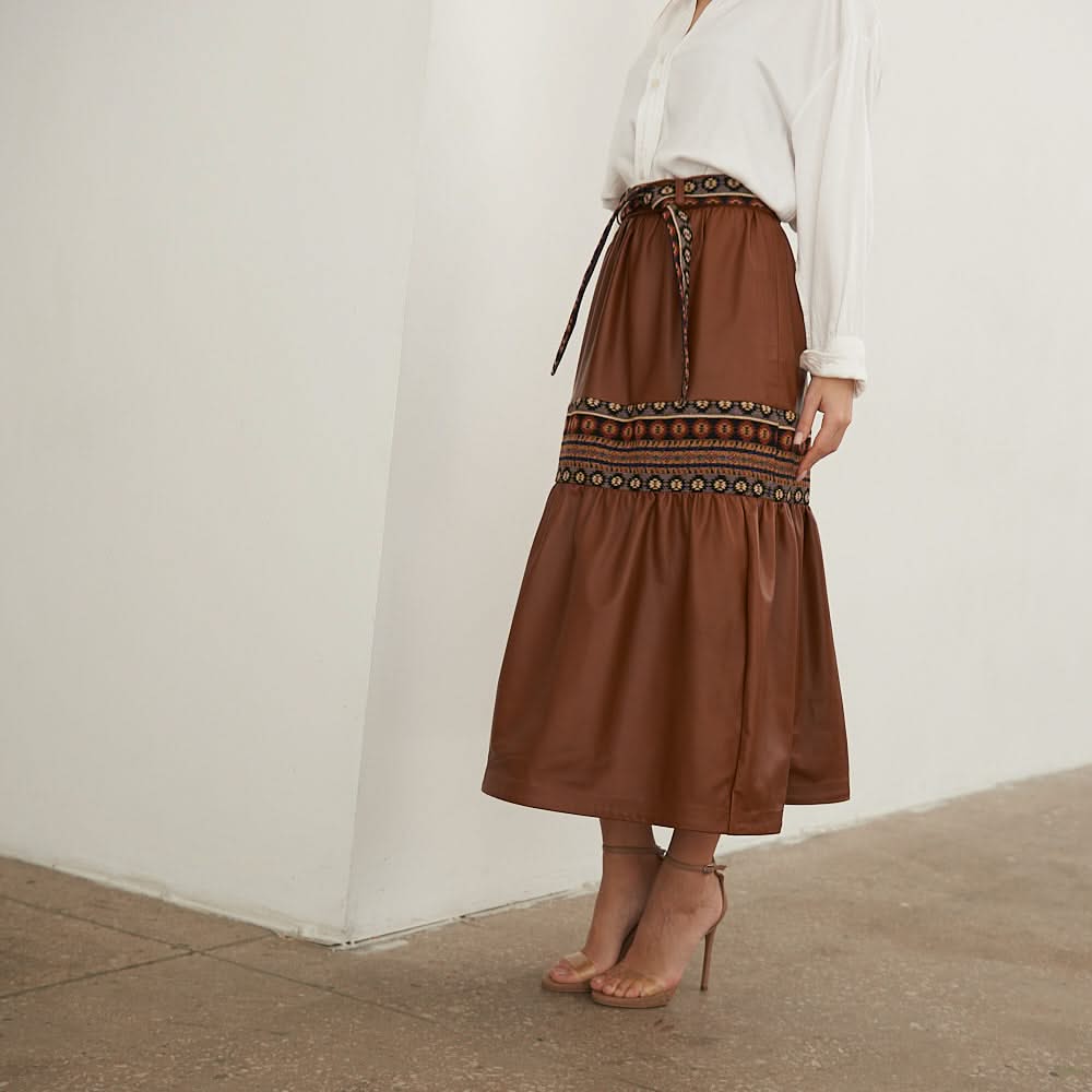 Leather skirt with tapestry inserts