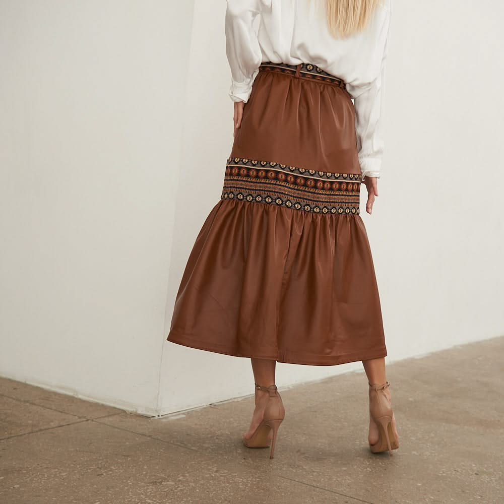 Leather skirt with tapestry inserts