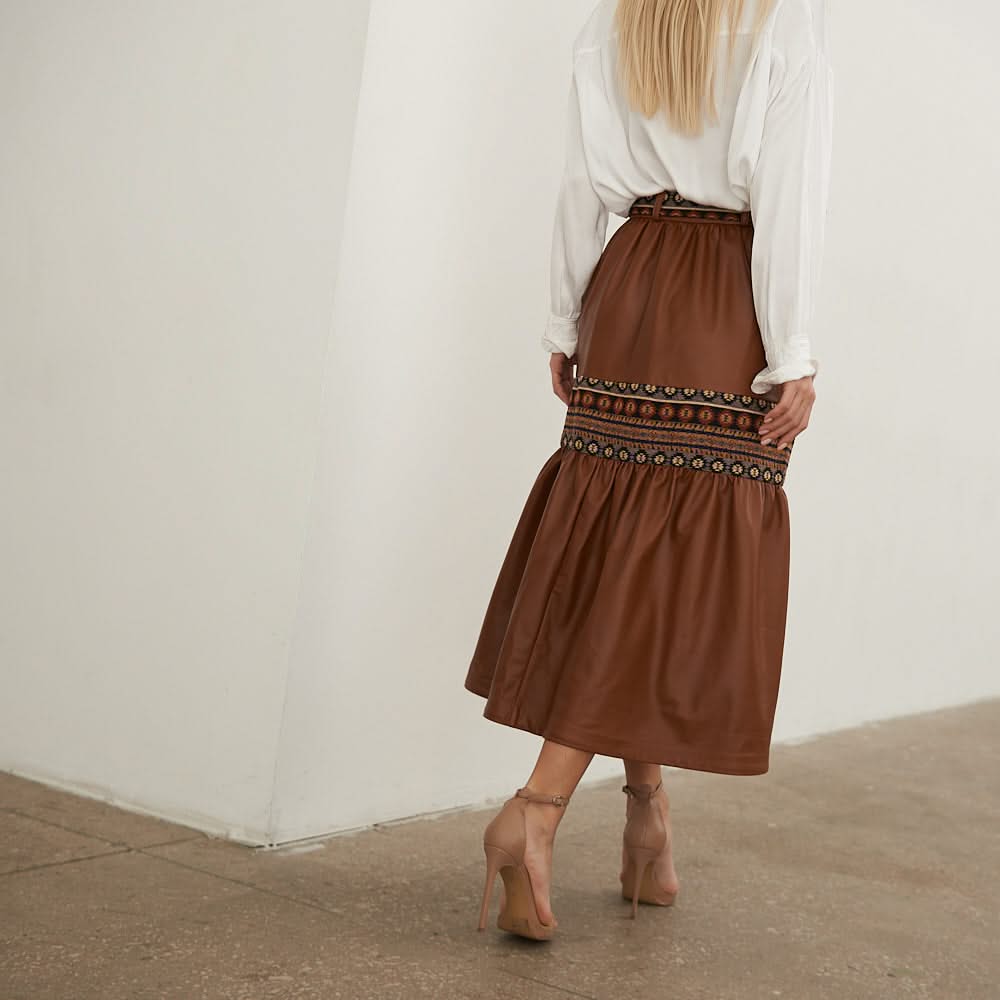 Leather skirt with tapestry inserts
