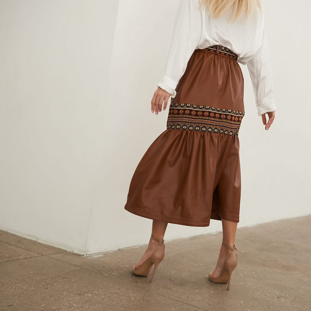 Leather skirt with tapestry inserts
