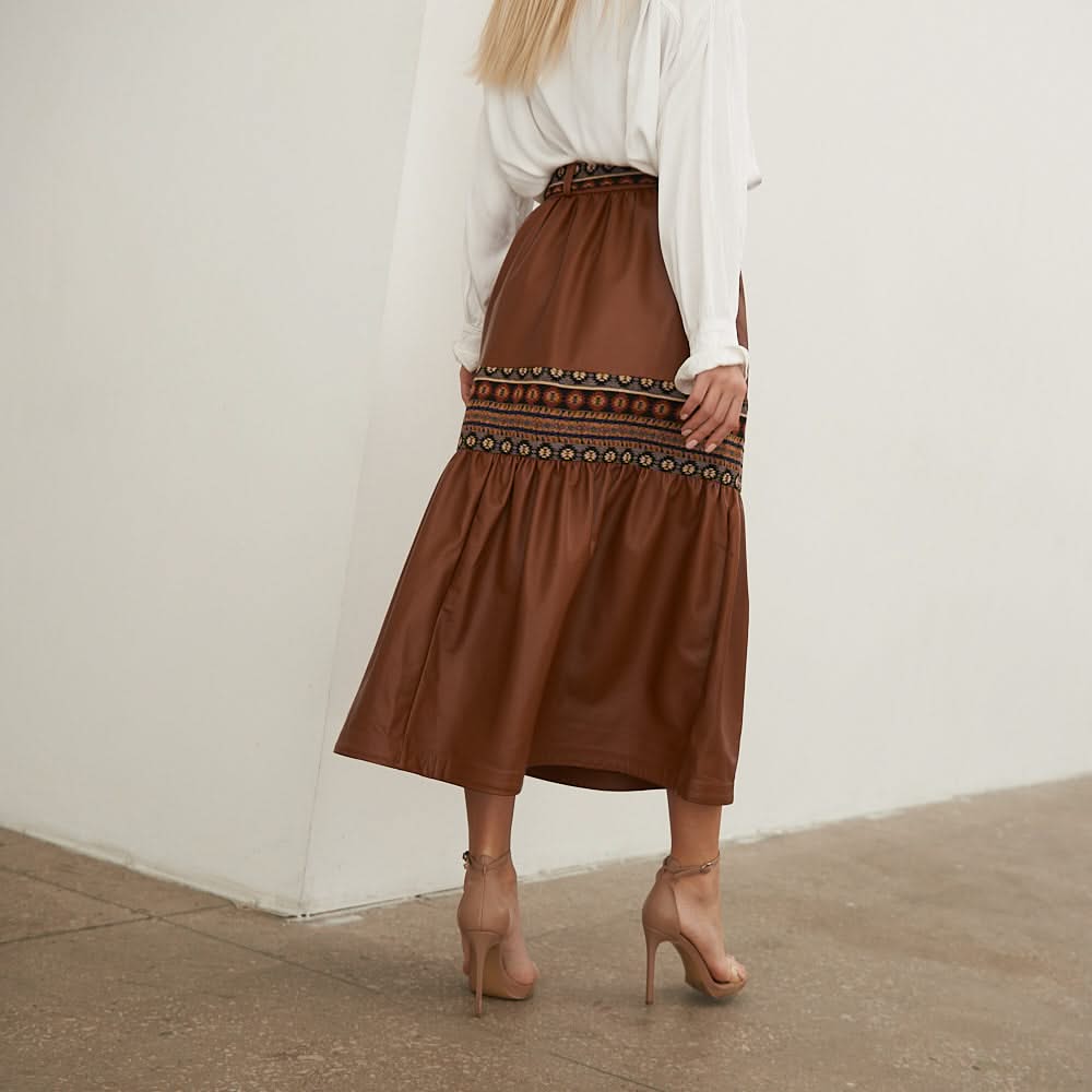 Leather skirt with tapestry inserts