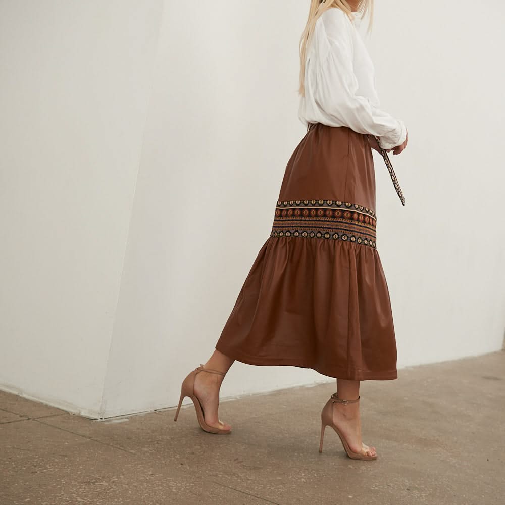 Leather skirt with tapestry inserts