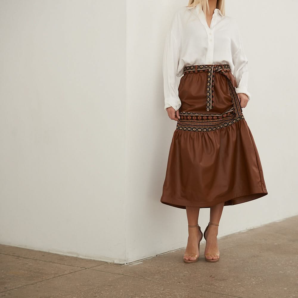 Leather skirt with tapestry inserts