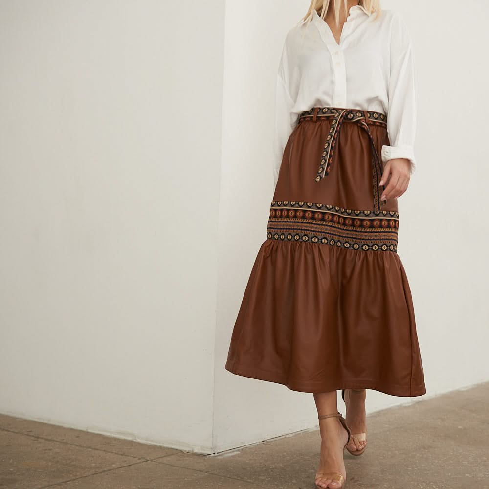 Leather skirt with tapestry inserts