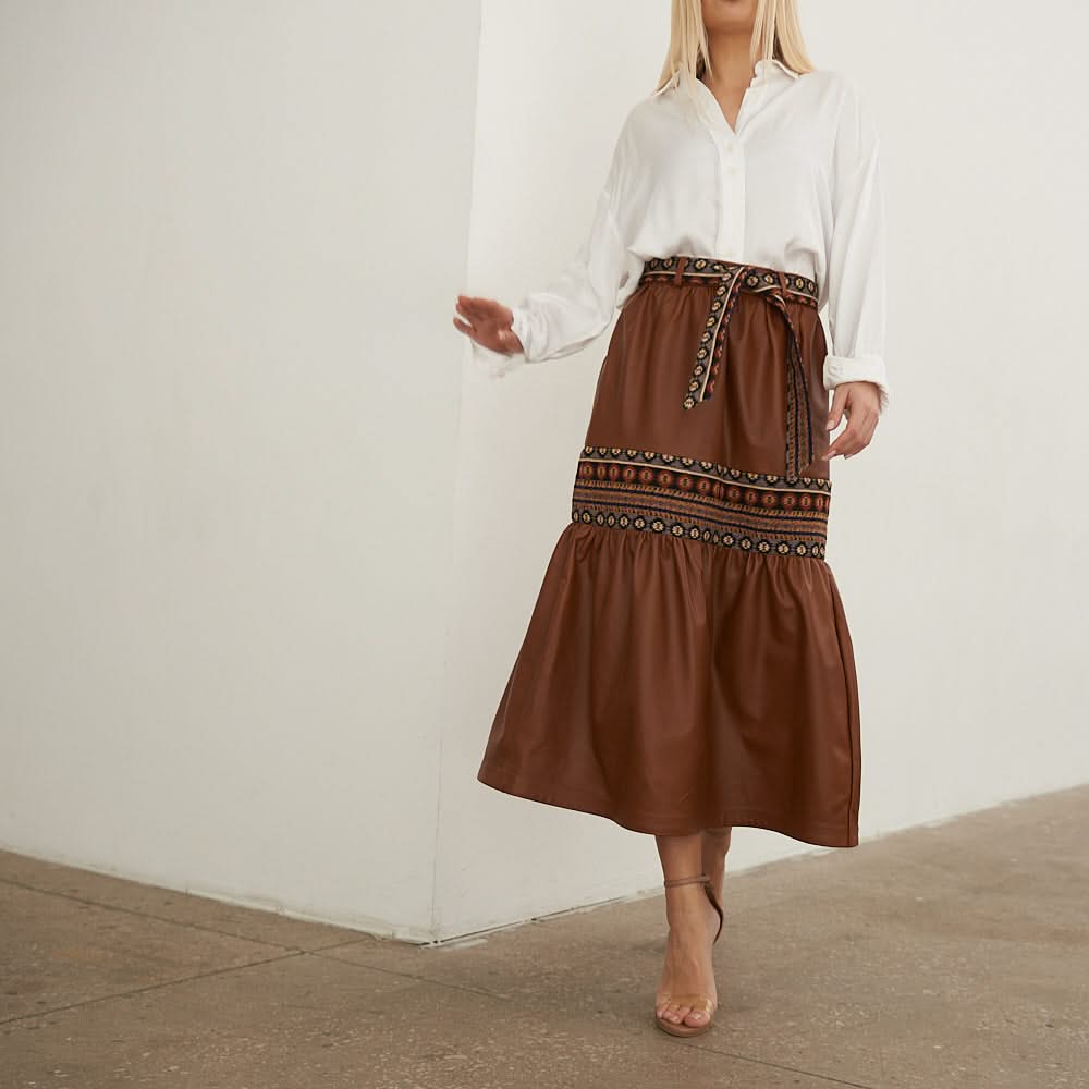 Leather skirt with tapestry inserts