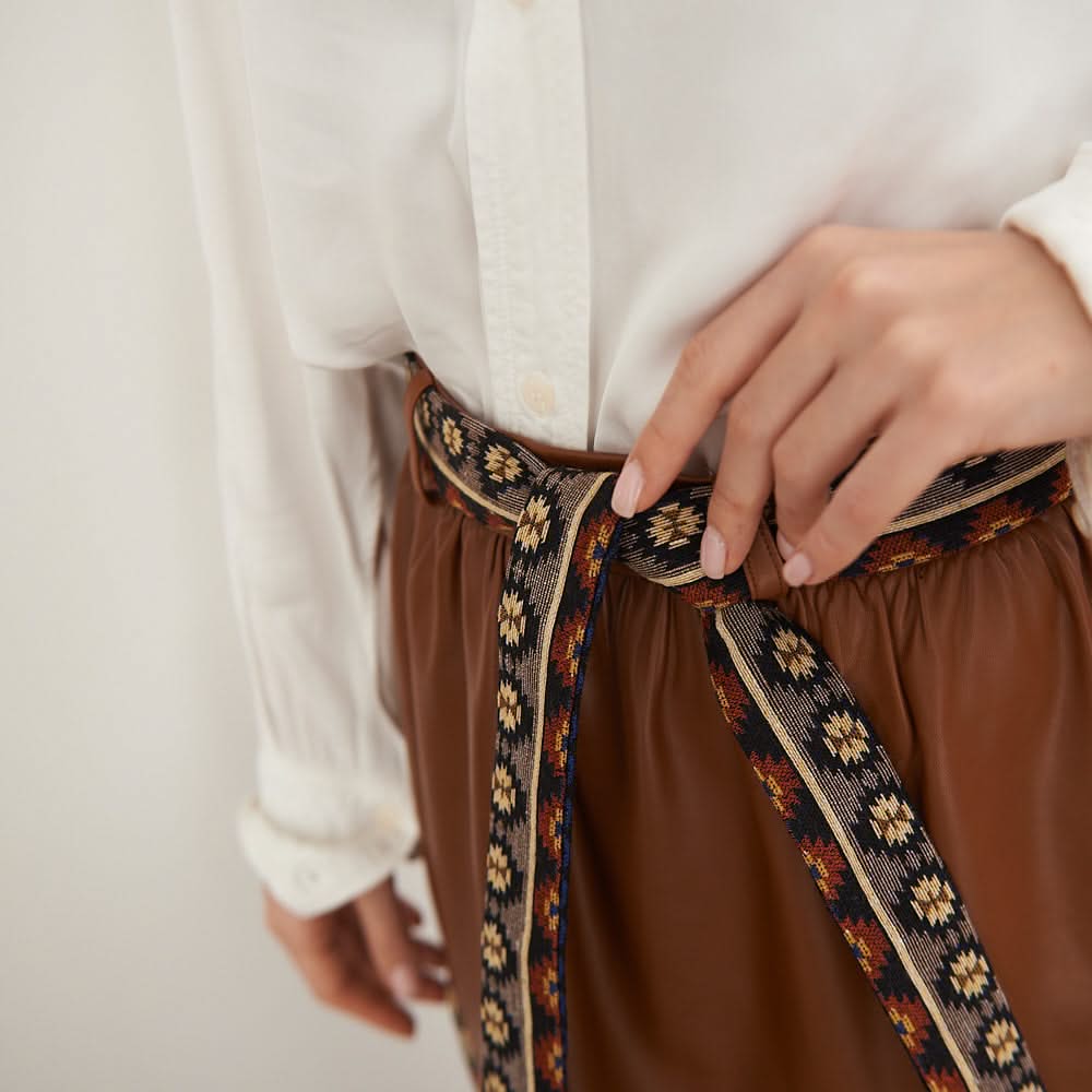Leather skirt with tapestry inserts