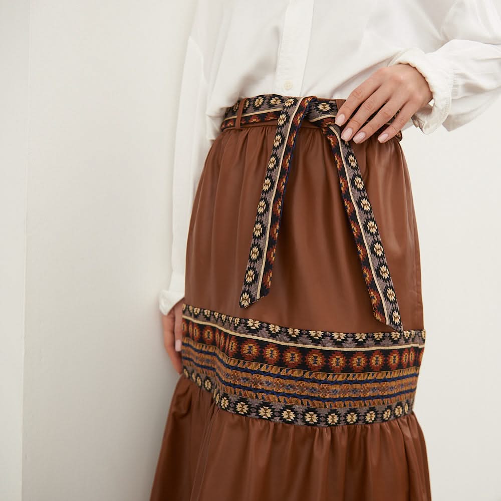Leather skirt with tapestry inserts