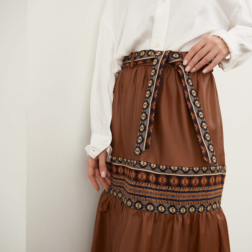 Leather skirt with tapestry inserts