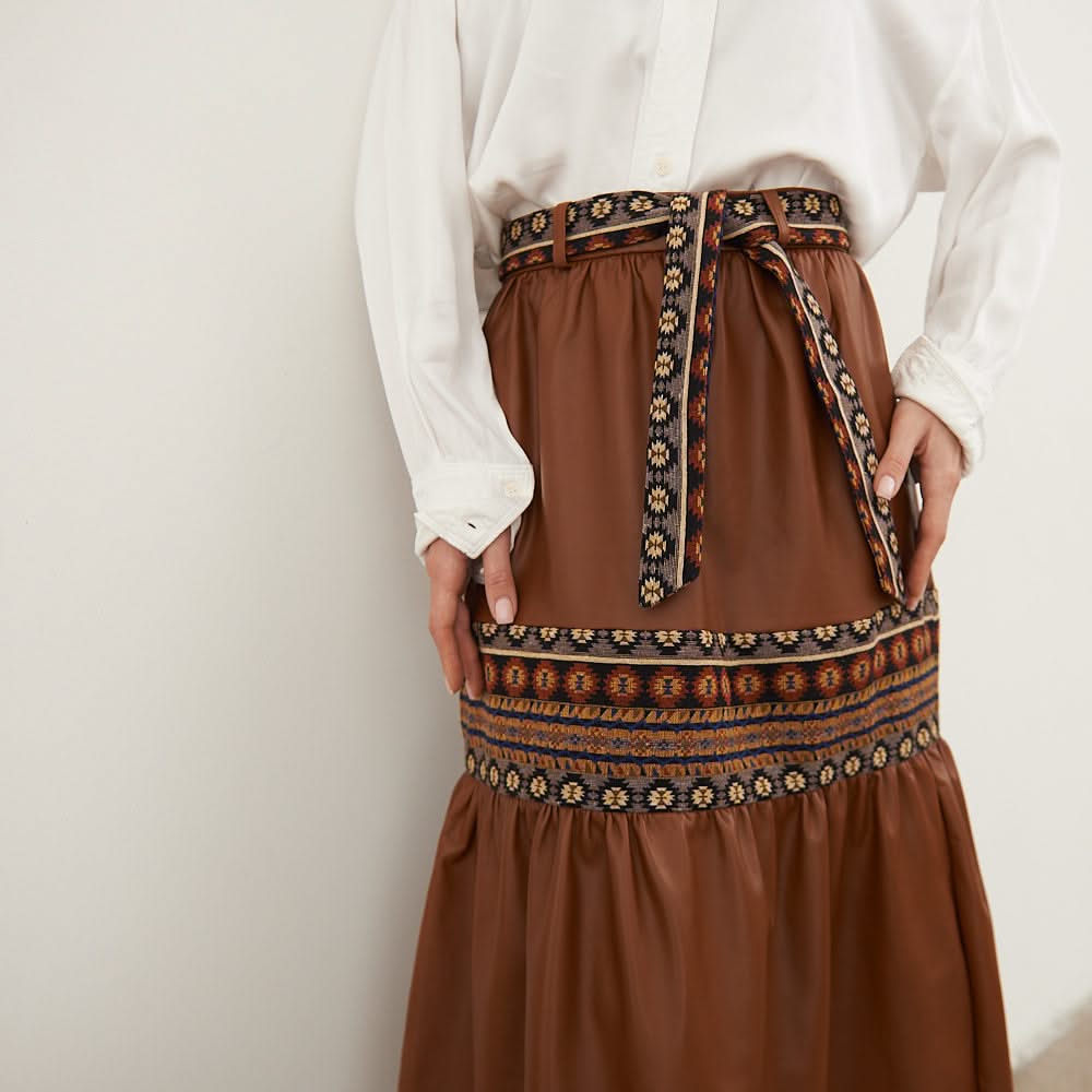 Leather skirt with tapestry inserts