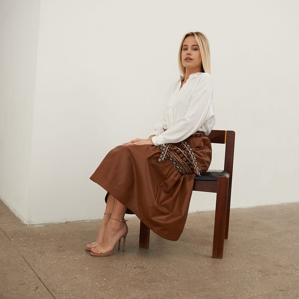 Leather skirt with tapestry inserts