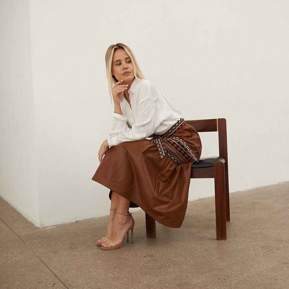 Leather skirt with tapestry inserts