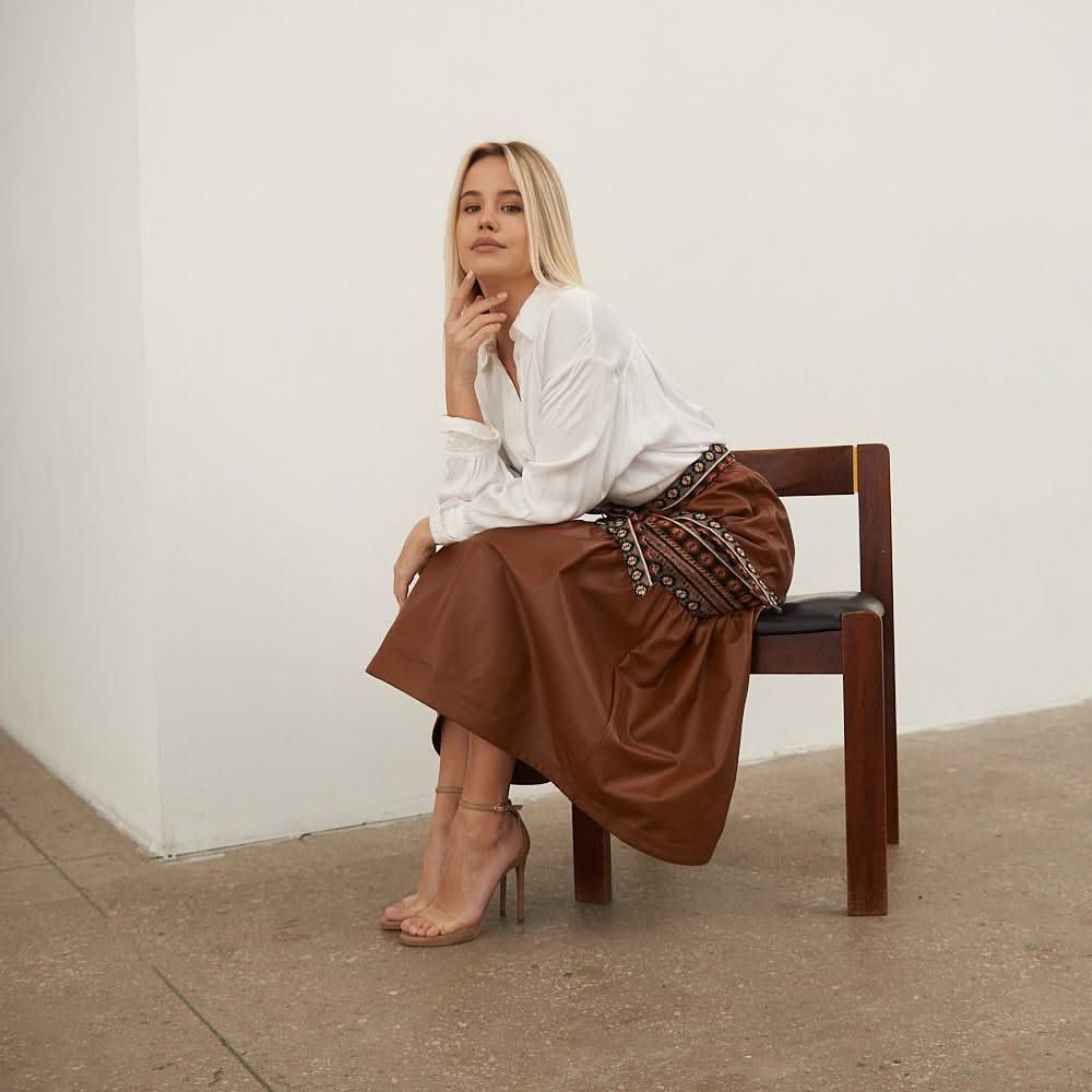 Leather skirt with tapestry inserts