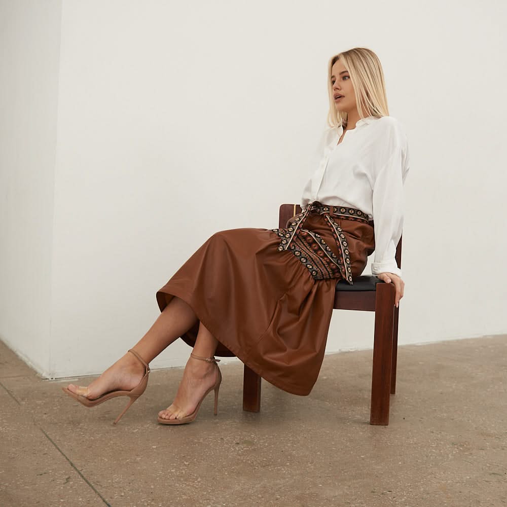 Leather skirt with tapestry inserts