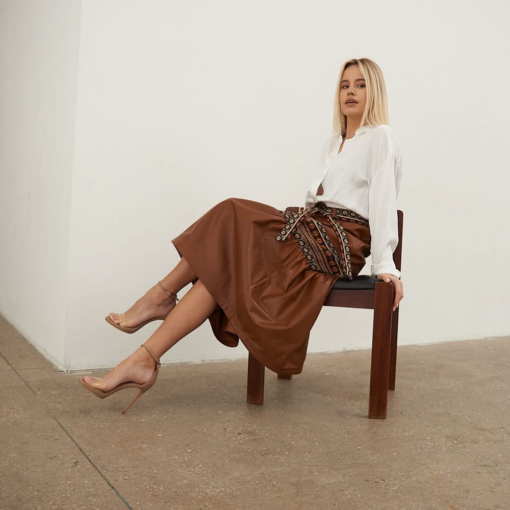 Leather skirt with tapestry inserts