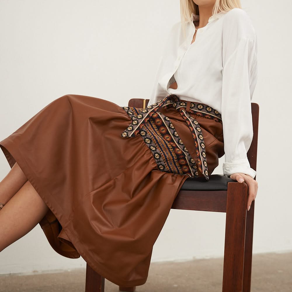 Leather skirt with tapestry inserts