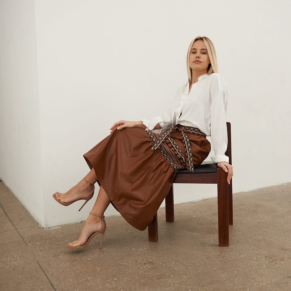 Leather skirt with tapestry inserts