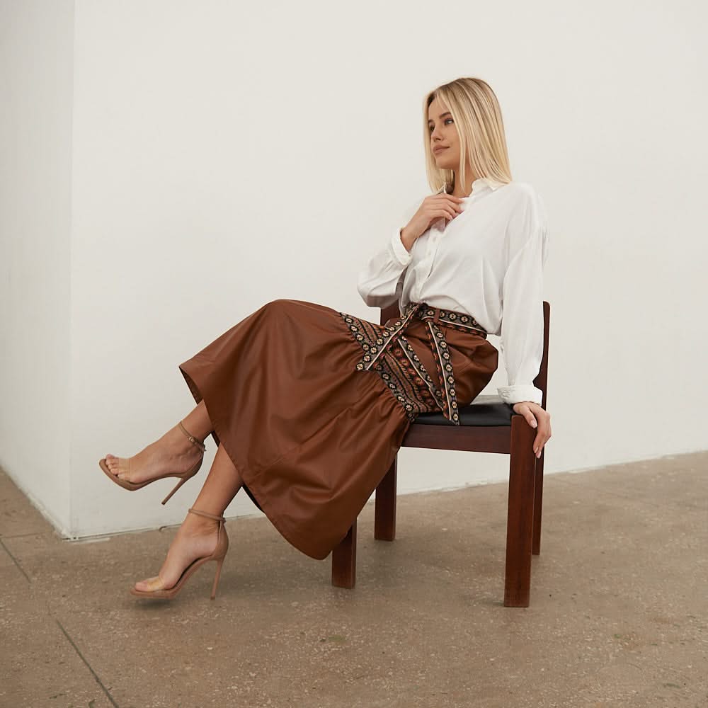 Leather skirt with tapestry inserts