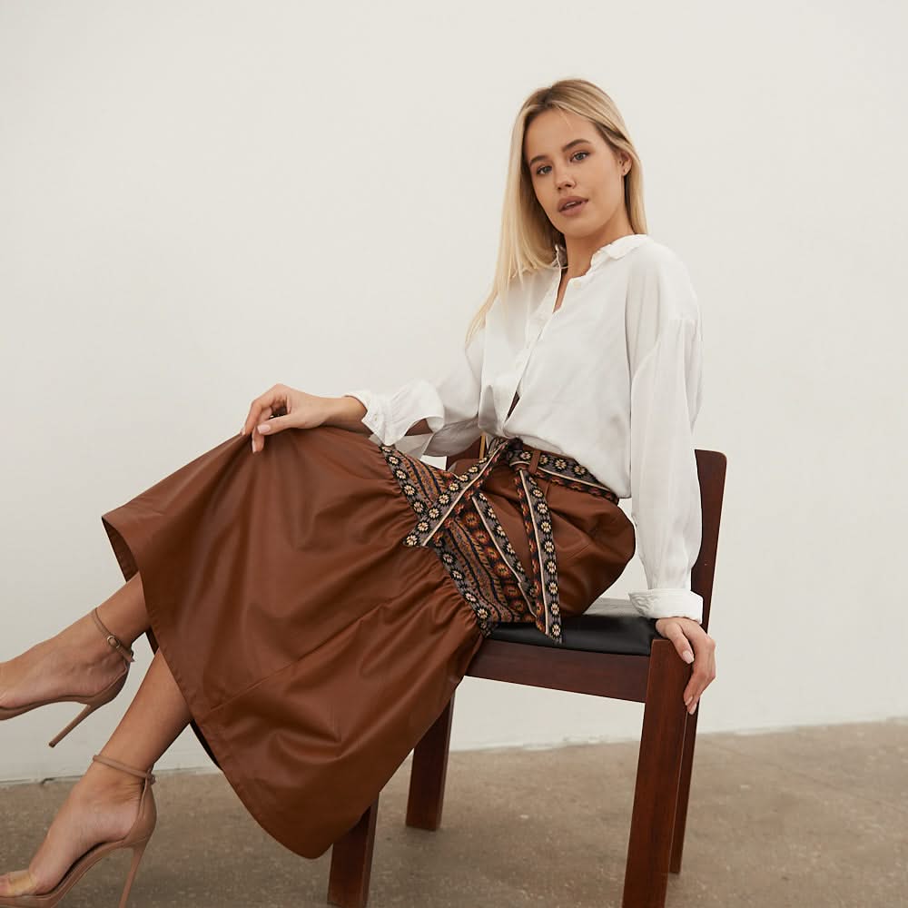 Leather skirt with tapestry inserts
