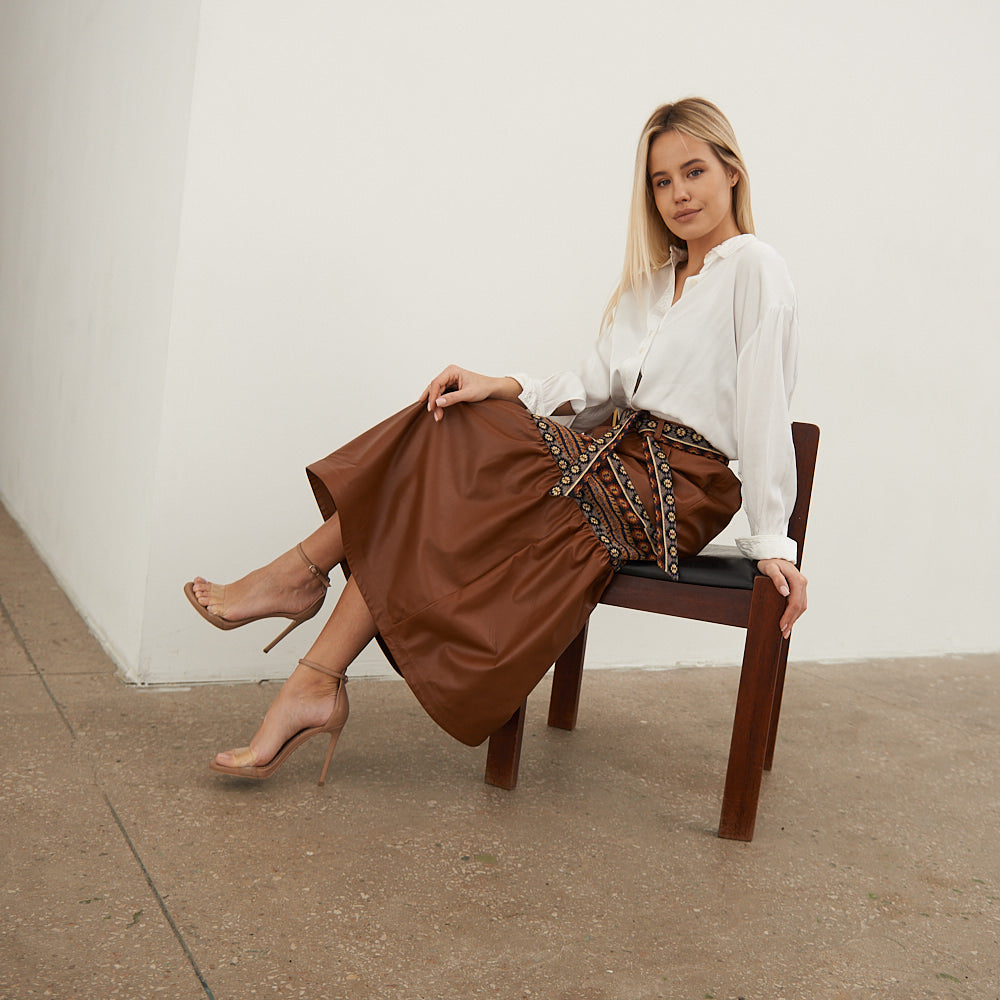 Leather skirt with tapestry inserts
