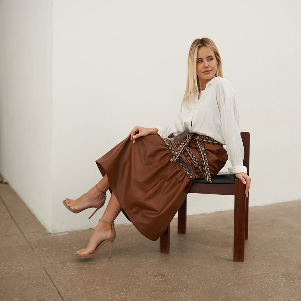 Leather skirt with tapestry inserts