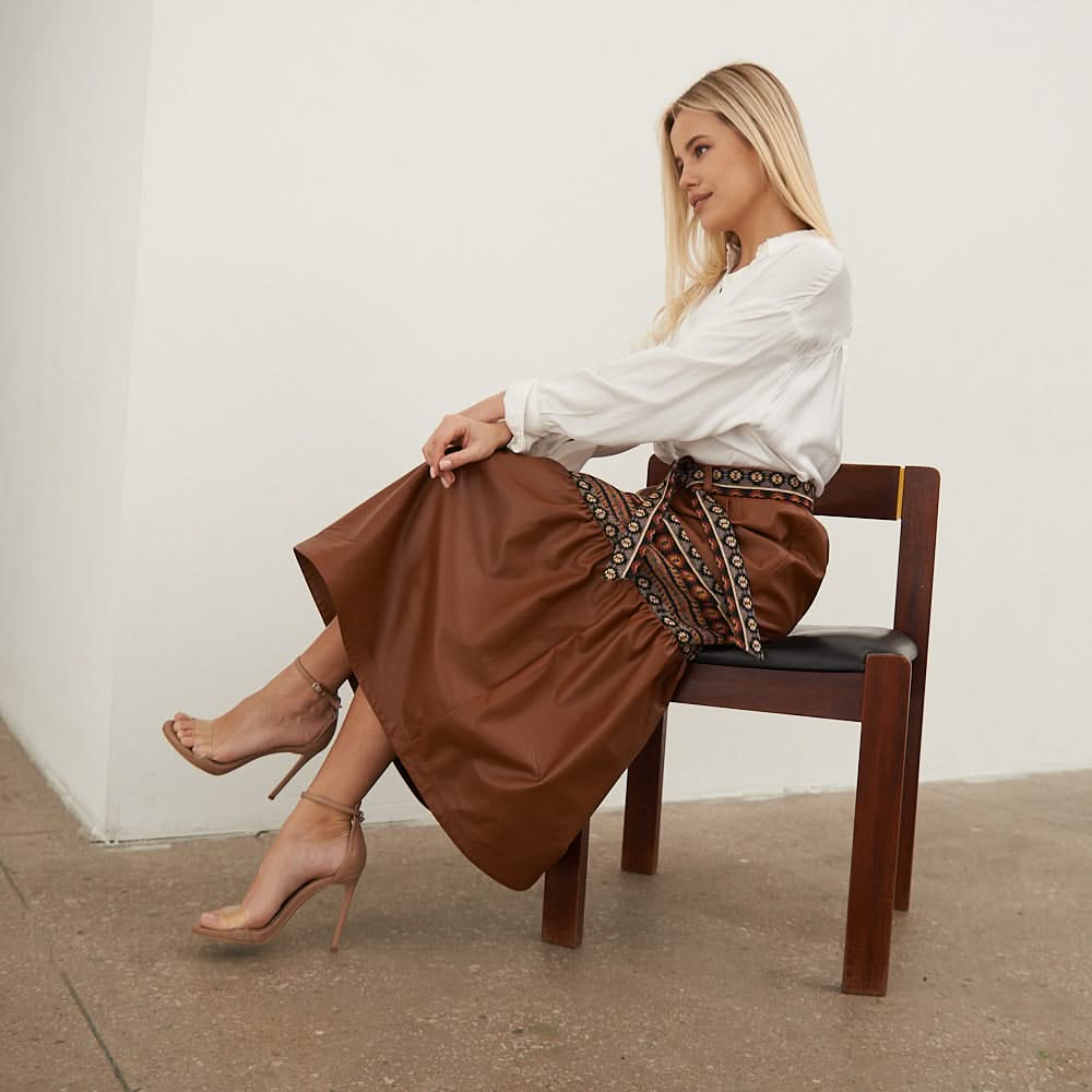 Leather skirt with tapestry inserts