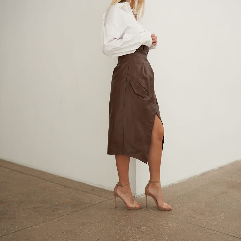 Leather skirt with a decorative flap